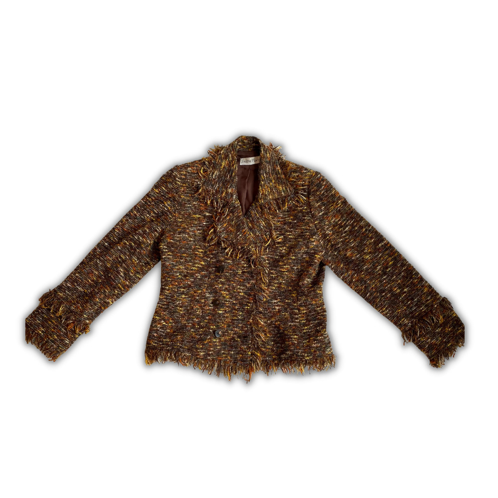 Vintage Joseph Plata Women Blazer Jacket Brown Neutral Fringes Shoulder Pads S/M